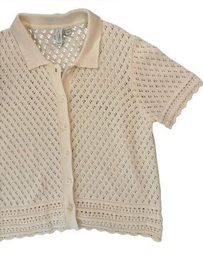 🤎Joie Women’s Neutral Pointelle Knit Collared Short Sleeve Summer Top | XL